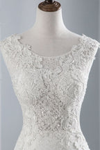 Jewel Neck Sleeveless Long Mermaid Wedding Dress with Tulle Lace Appliques BM bride
