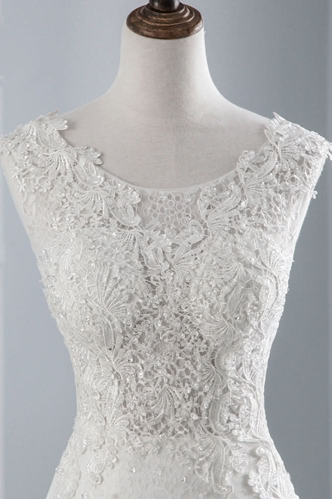 Jewel Neck Sleeveless Long Mermaid Wedding Dress with Tulle Lace Appliques BM bride