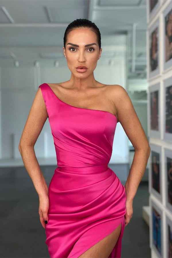 Rose Prom Dress One Shoulder Sleeveless With Pleated Side Split