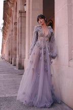 Chic Tulle Long Sleeves Deep V Neck Beadings Long Prom Dress With Appliques
