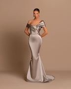 Grey Off-The-Shoulder Evening Dress Bateau Pleated Ball Gown BM bride