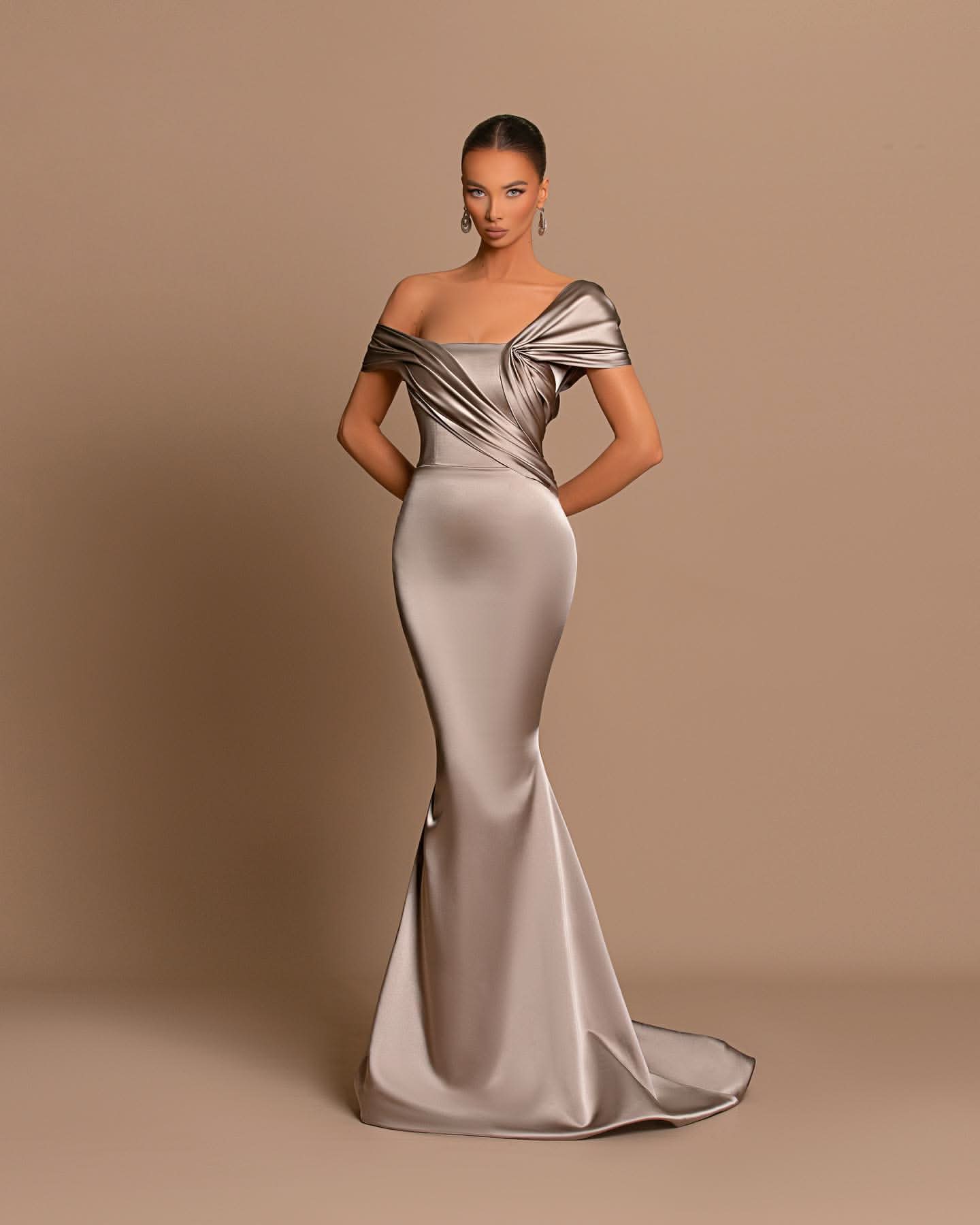 Grey Off-The-Shoulder Evening Dress Bateau Pleated Ball Gown BM bride