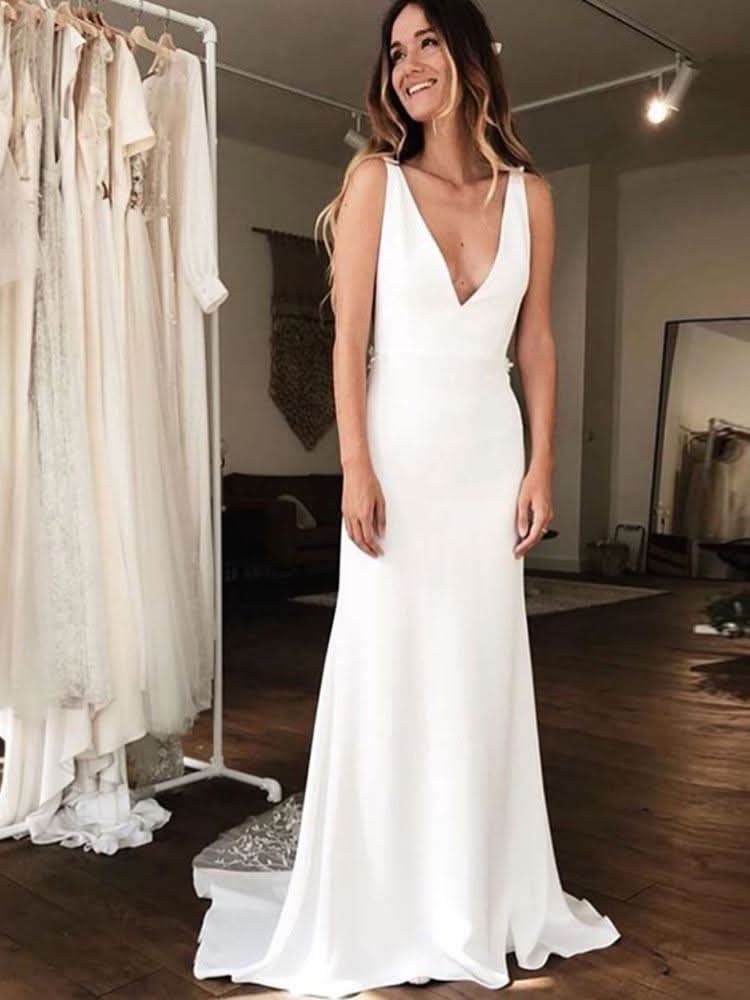 Classy V-neck Lace Backless Mermaid Wedding Gown BMbride