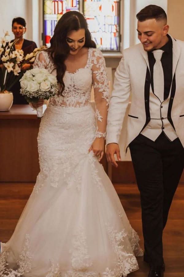 A-Line Bateau Wedding Dress Floor-length Tulle With Appliques Lace Pearl BM bride