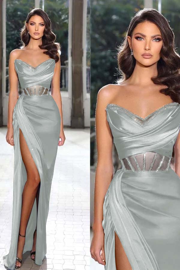 Strapless Sleeveless Long Mermaid Prom Dress With Split Pleated BMBRIDE