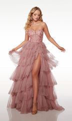 Formal Prom Dress Long Sleeveless V Neck Tulle Gown with Slit Gloves BM bride