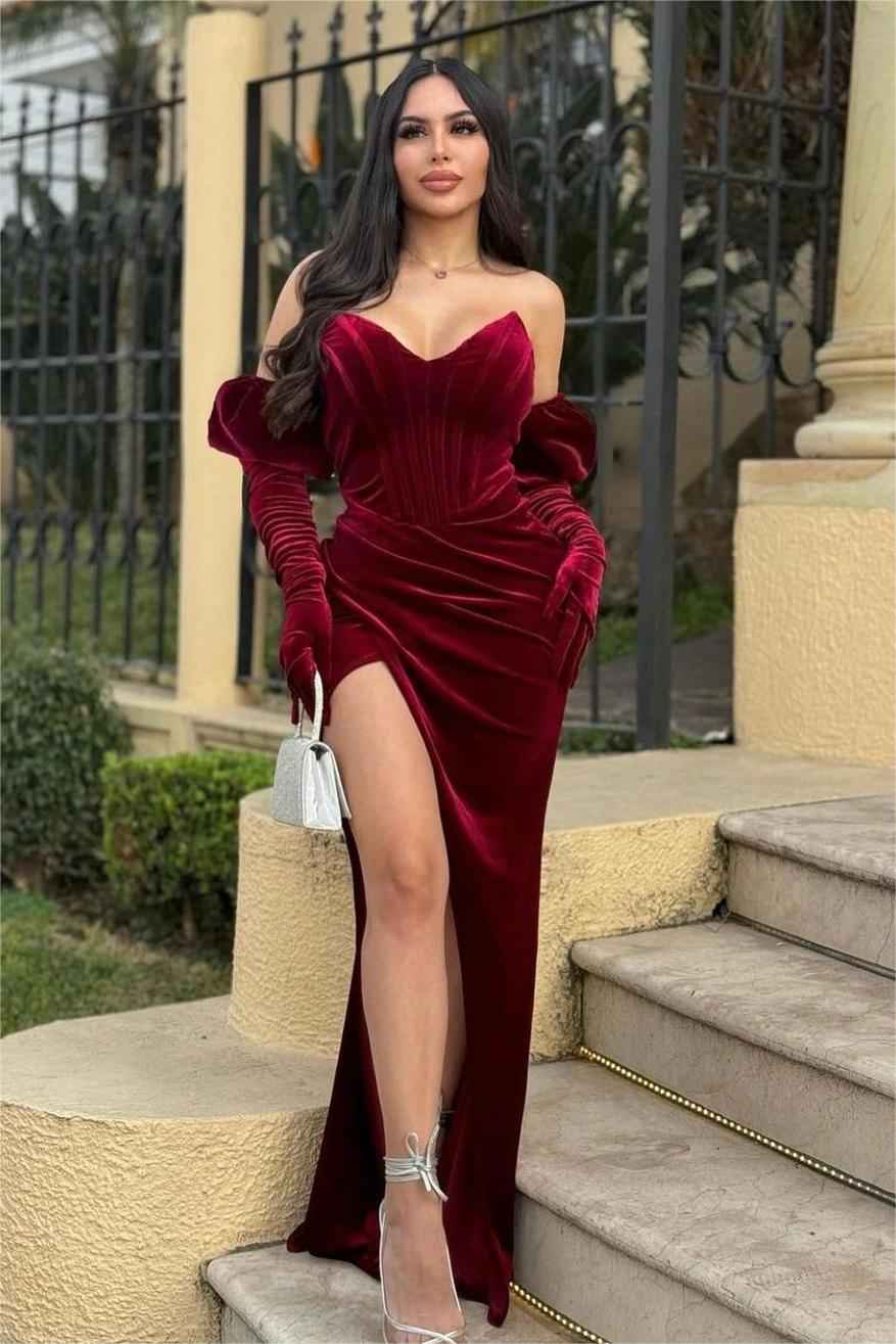 Glamorous Red Velvet Strapless Pleated Long Split Prom Dress With Gloves