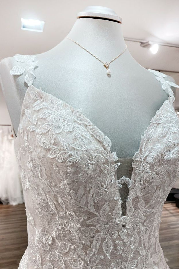 V-Neck Long A-Line Wedding Dress with Ruffles, Open Back, and Tulle Lace BM bride