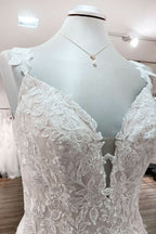 V-Neck Long A-Line Wedding Dress with Ruffles, Open Back, and Tulle Lace BM bride