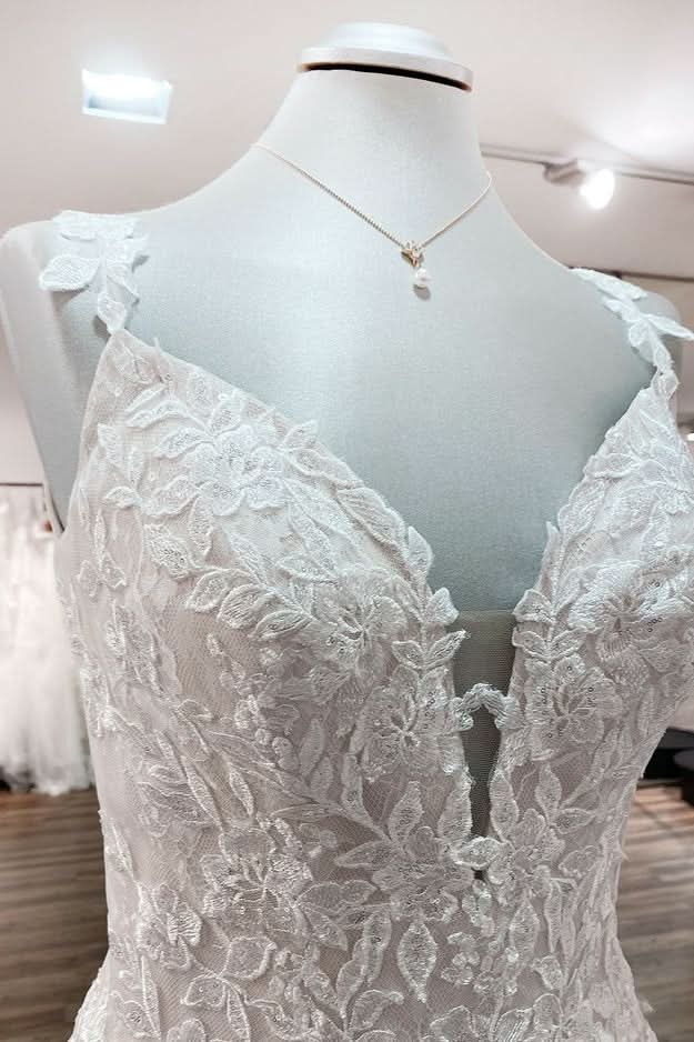 V-Neck Long A-Line Wedding Dress with Ruffles, Open Back, and Tulle Lace BM bride