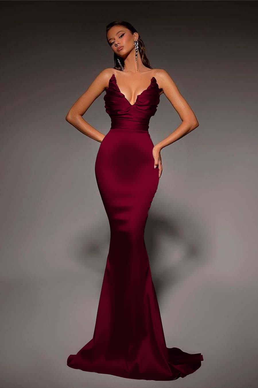 Strapless V Neck Sleeveless Long Mermaid Prom Dress With Pleated BMBRIDE