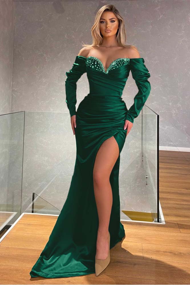 Off the Shoulder Long Sleeves Mermaid Long Prom Dress With Beading BMBRIDE