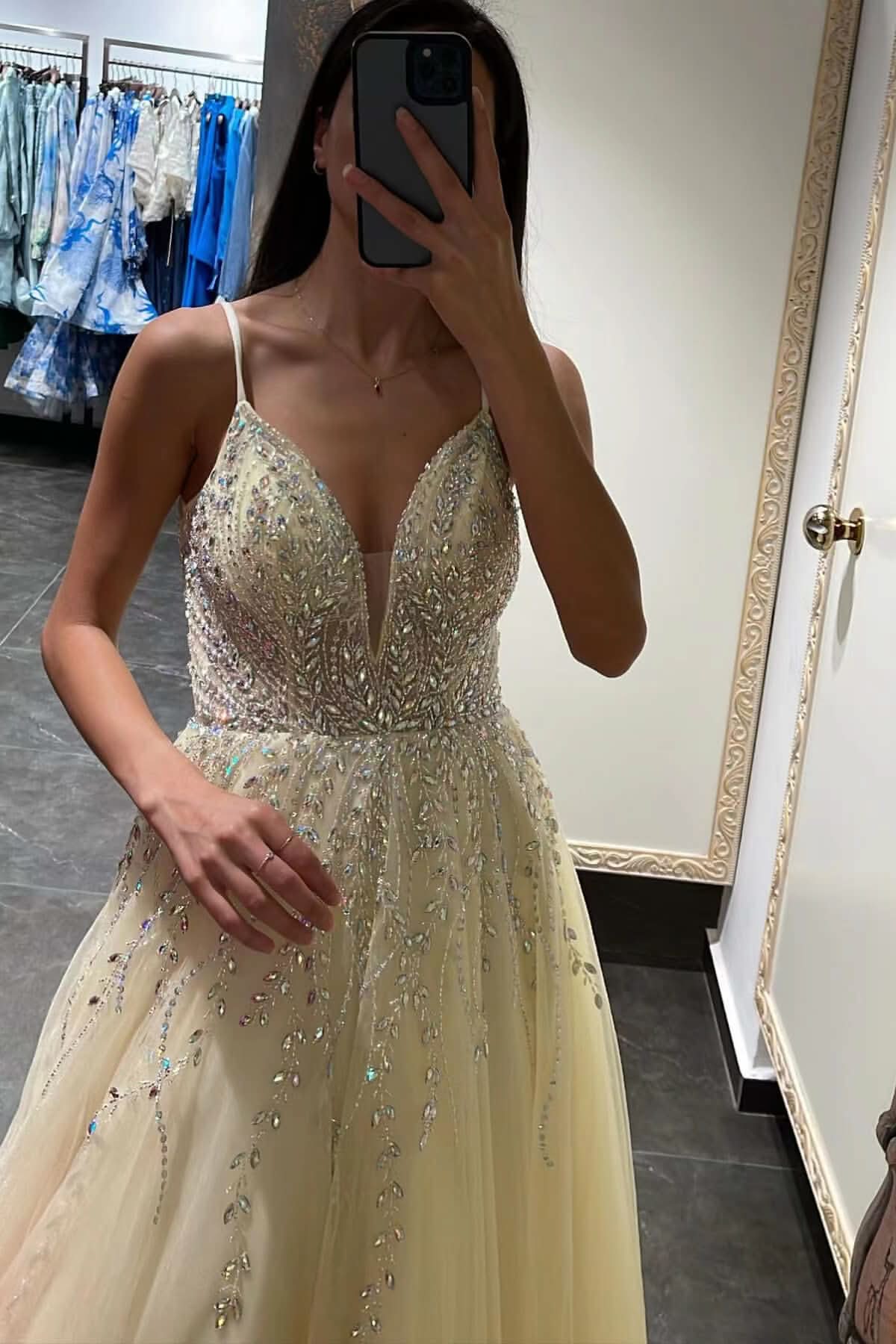 Daffodil Spaghetti-Strap Tulle A-Line Prom Dress with Beadings BM bride