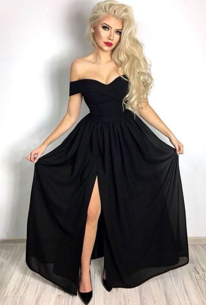 Off-the-Shoulder Black Prom Dress BM bride