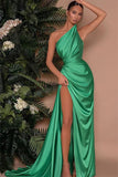 Elegant Green One Shoulder Sleeveless Mermaid Front Split Evening Dress Online BM bride