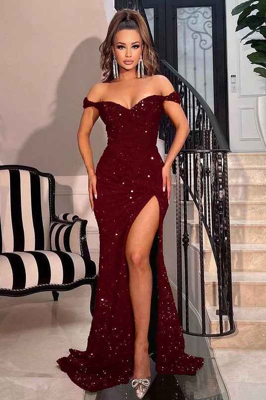 Chic Red Sequins Off the Shoulder Sweetheart Mermaid Prom Dress With Split
