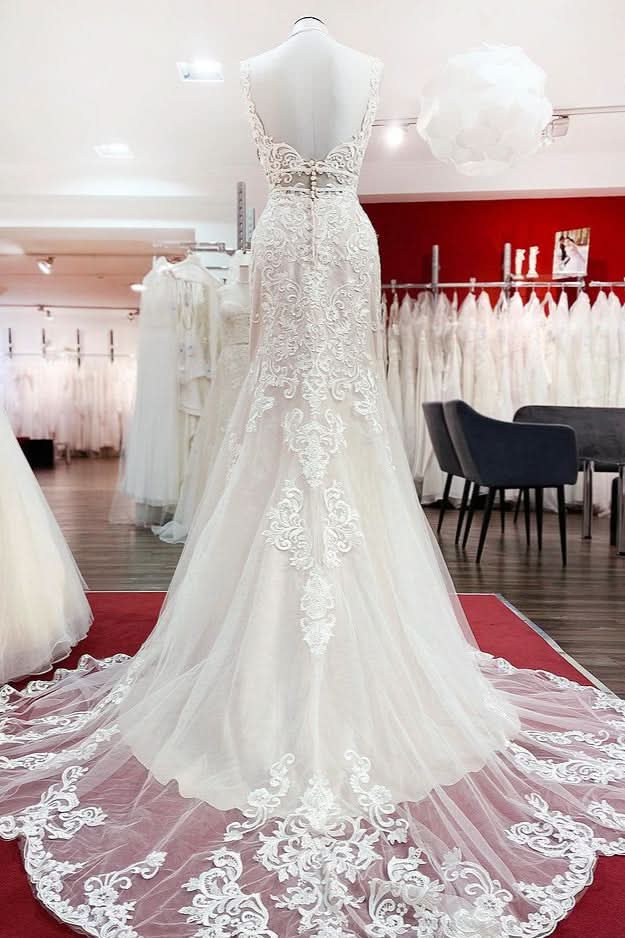 Sleeveless Long Mermaid Wedding Dress With Backless Lace Tulle BM bride