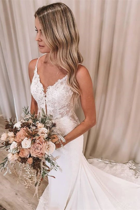 V-Neck Spaghetti Strap Backless Mermaid Wedding Dress with Lace Appliques BM bride