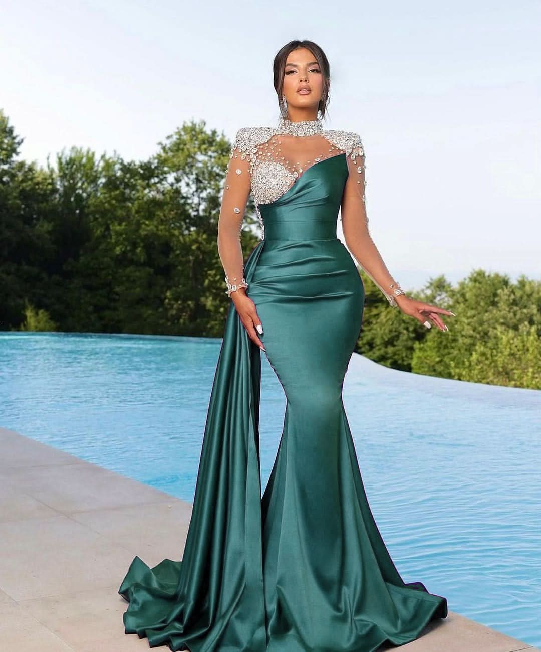 Long Purple Mermaid Prom Dress with Trail Beadings and Long Sleeves BM bride