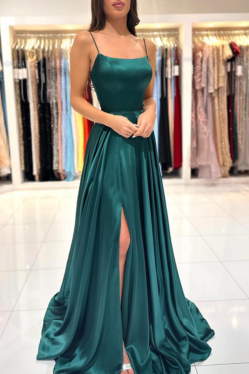 Spaghetti Strap Split Simple Long Prom Dress Green A Line BMBRIDE