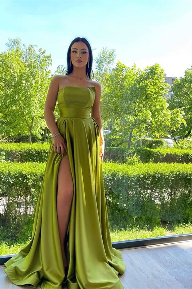 Elegant Green Strapless A-Line Prom Dress with Split BM bride