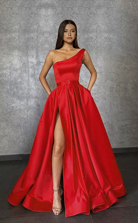 One Shoulder Long Slit Prom Dress BM bride