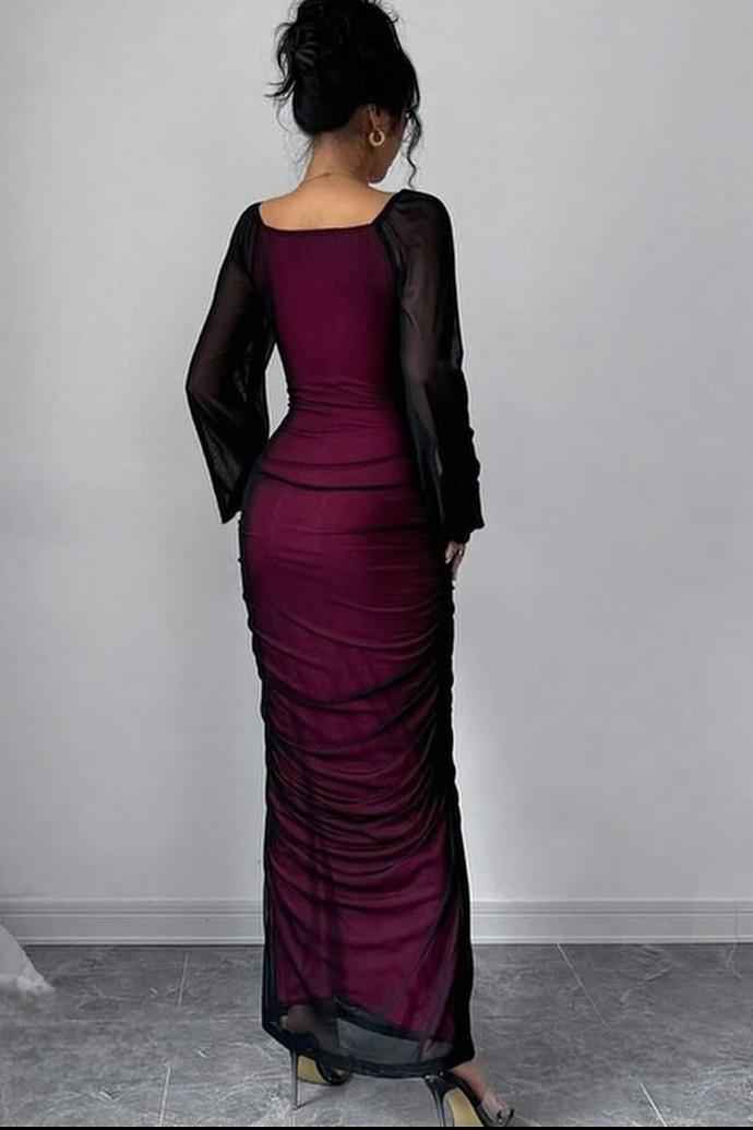 Square Neck Long Sleeves Long Mermaid Prom Dress With Pleated