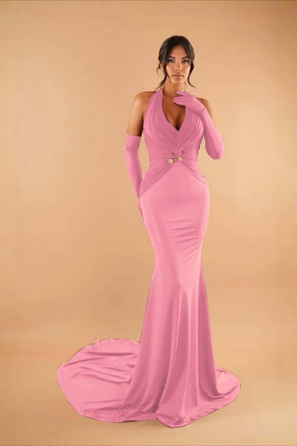 Halter Sleeveless Long Mermaid Prom Dress With Pleated Gloves BMBRIDE