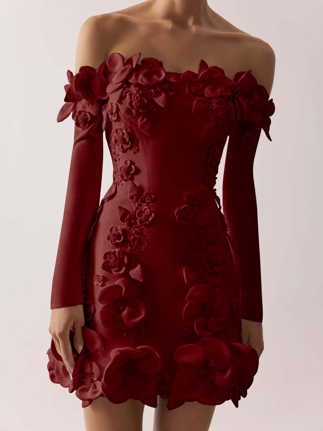 Off the Shoulder Long Sleeves Short Prom Dress With Appliques BMBRIDE