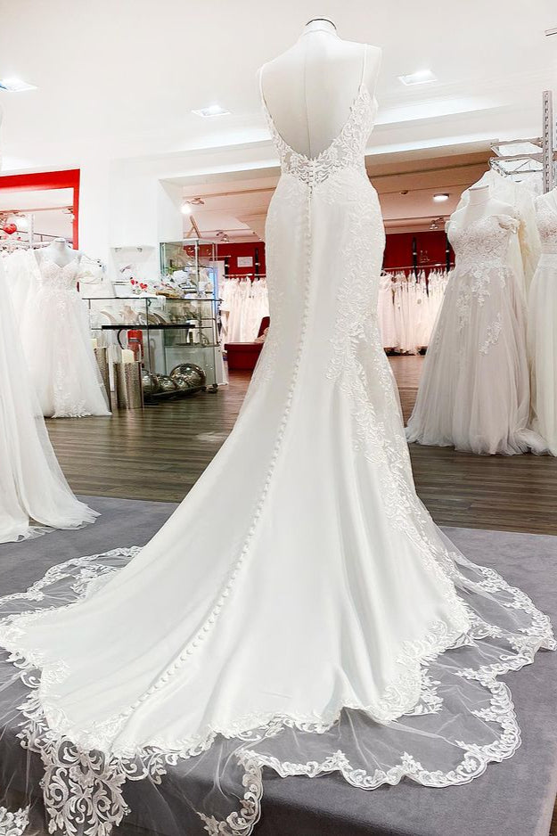 Sweetheart Long Mermaid Spaghetti Strap Open Back Wedding Dress with Lace and Satin BM bride