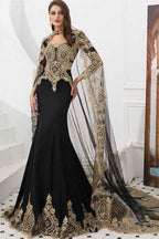 Amazing Long Sleeves Mermaid Prom Dress With Gold Appliques Cape