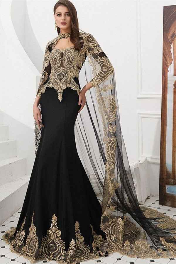 Amazing Long Sleeves Mermaid Prom Dress With Gold Appliques Cape