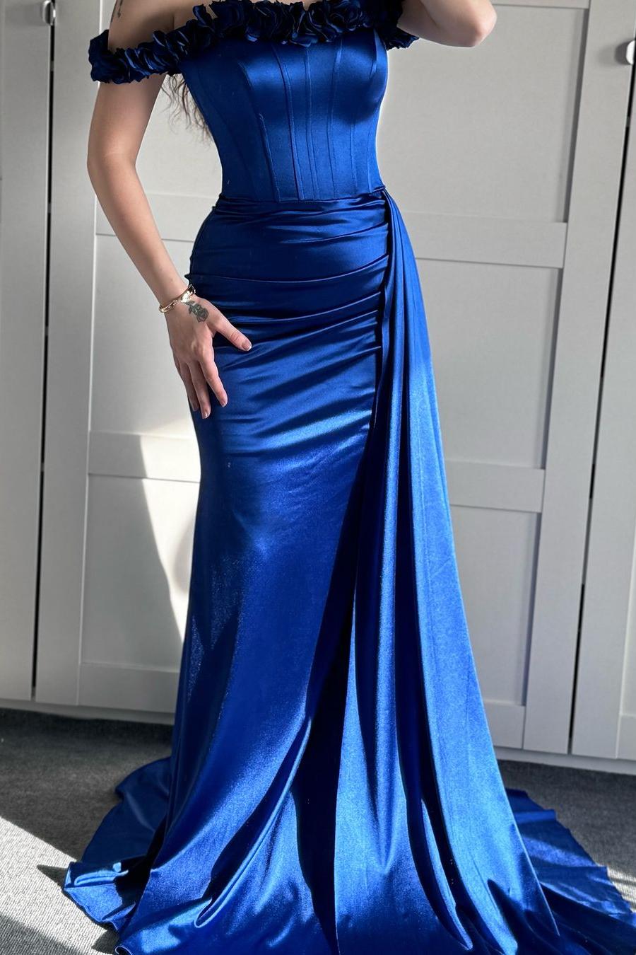 Off the Shoulder Sleeveless Mermaid Long Prom Dress With Ruffles