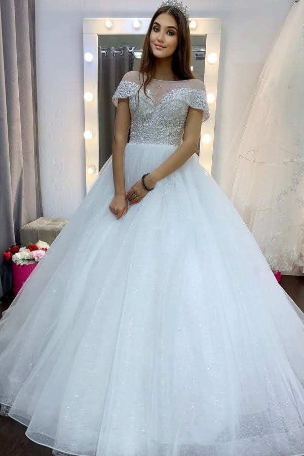 Elegant A-Line Bateau Neck Crystal Train Wedding Dress with Sequins and Tulle BM bride