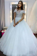 Elegant A-Line Bateau Neck Crystal Train Wedding Dress with Sequins and Tulle BM bride