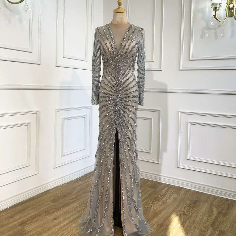 Sexy Black Sequin Prom Dress, Long Sleeve V-Neck High Slit Mermaid BM bride