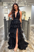 Romantic Black Tulle Appliques Halter Ruffle Tiered Long Prom Dress BM bride