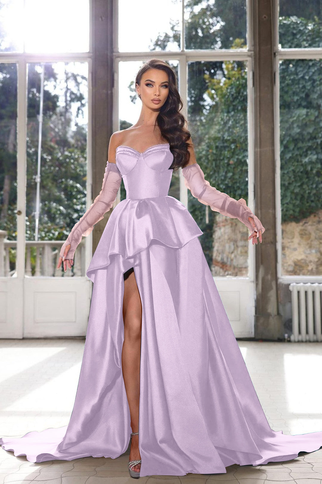 Glamorous Half Sleeves Ink Blue Prom Dress Strapless With High Split Gown BMBRIDE