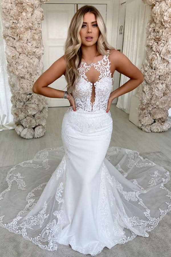 Spaghetti Strap Satin Backless Long Mermaid Wedding Dress with Lace BM bride