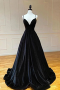 Spaghetti Strap V Neck Sleeveless Long Prom Dress With Pleated