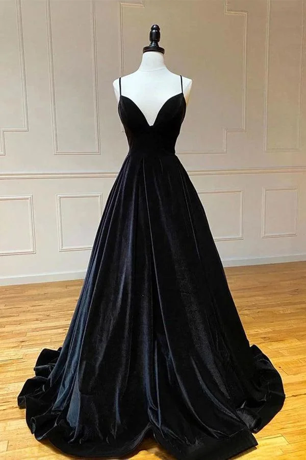 Spaghetti Strap V Neck Sleeveless Long Prom Dress With Pleated