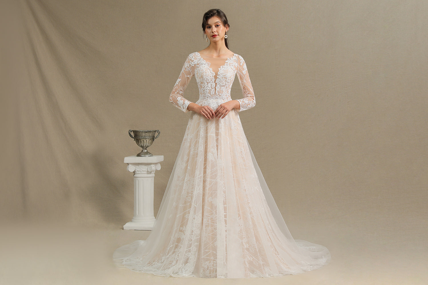 Sheer Long Sleeve A-Line Illusion Tulle Wedding Dress with Lace BM bride