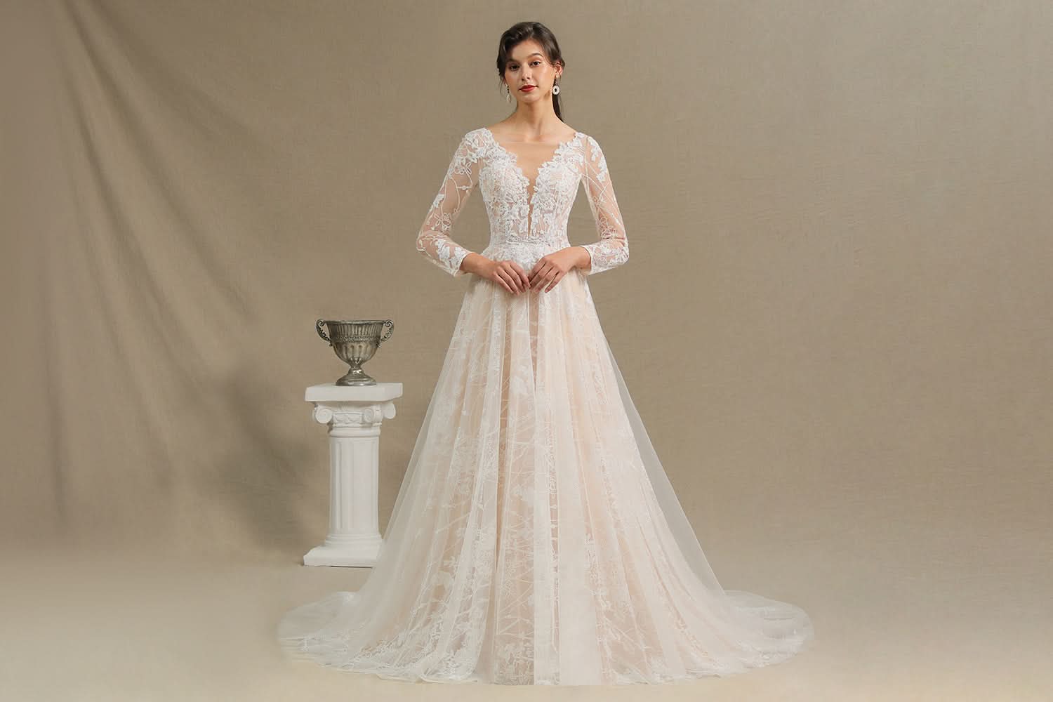 Sheer Long Sleeve A-Line Illusion Tulle Wedding Dress with Lace BM bride