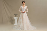 Sheer Long Sleeve A-Line Illusion Tulle Wedding Dress with Lace BM bride