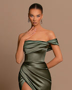 Off-The-Shoulder Sage Green Evening Dress Ball Gown Sleeveless Slit Pleated BM bride