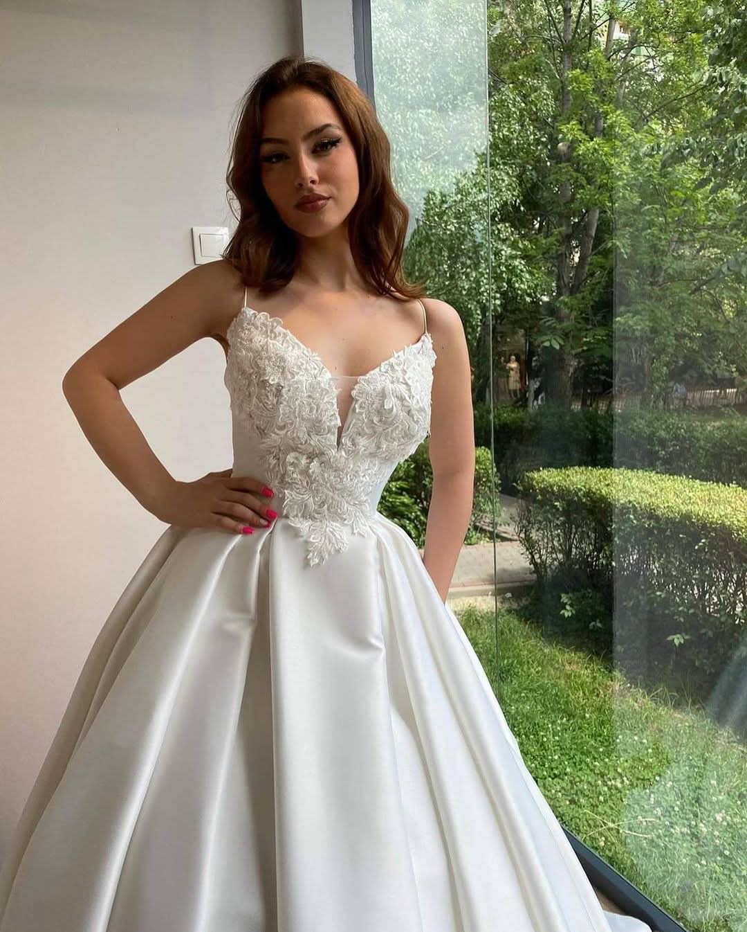 Ball Gowns Sweetheart Spaghetti Straps Long Satin Wedding Dress BM bride