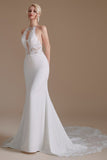 Modest Long Mermaid Halter Backless Satin Wedding Dress with Lace Appliques BM bride