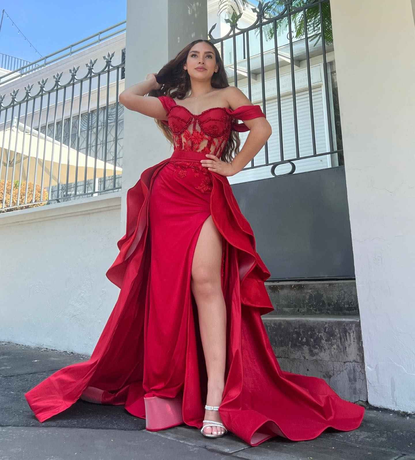 Off-The-Shoulder Sleeveless Long Split Prom Dress With Embroidery And Ruffles HF0010