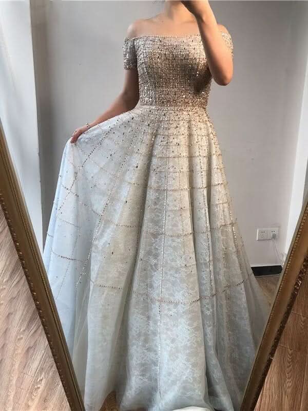 Sequined Off-Shoulder Prom Dress with Long Sleeve Pleated A-Line Design BM bride