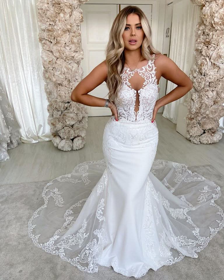 Spaghetti Strap Satin Backless Long Mermaid Wedding Dress with Lace BM bride